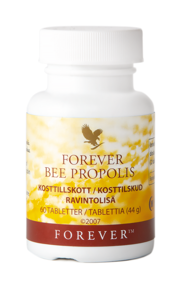 Forever Bee Propolis som skyddar bikupan från orenheter används inom hudvård och som kosttillskott. Här i tablettform från Forever Living Products.