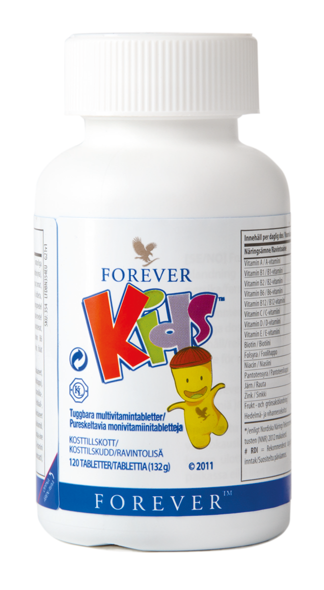 Forever Kids är ett barnvänligt kosttillskott med de viktigaste vitaminerna och mineralerna i form av goda tuggtabletter.
