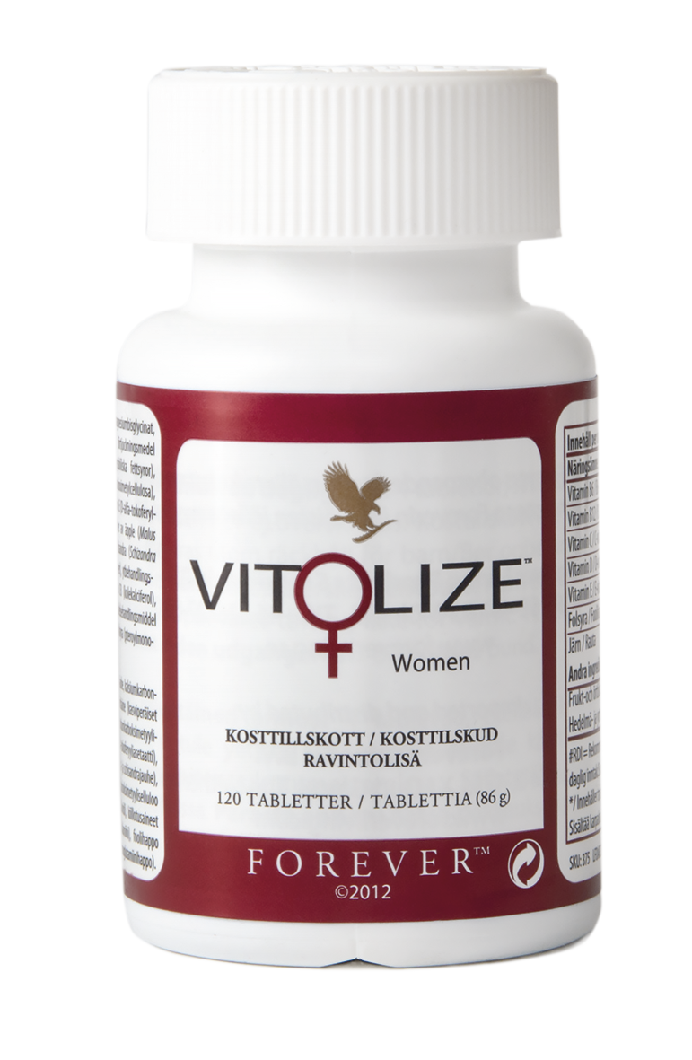 Vitolize Women är ett allsidigt tillskott av C, D E och flera B-vitaminer, plus järn, folsyra och kalcium, särskilt framtaget för kvinnors behov