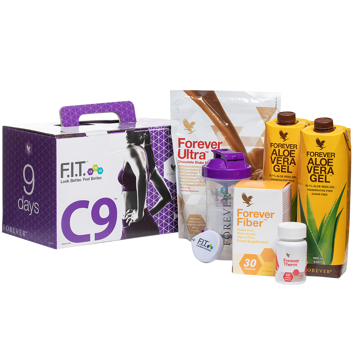 Programmet C9 ger dig Forever Ultra, Forever Therm, Forever Fiber och Forever Aloe vera gel – samt en handbok som hjälper dig förändra din livsstil.