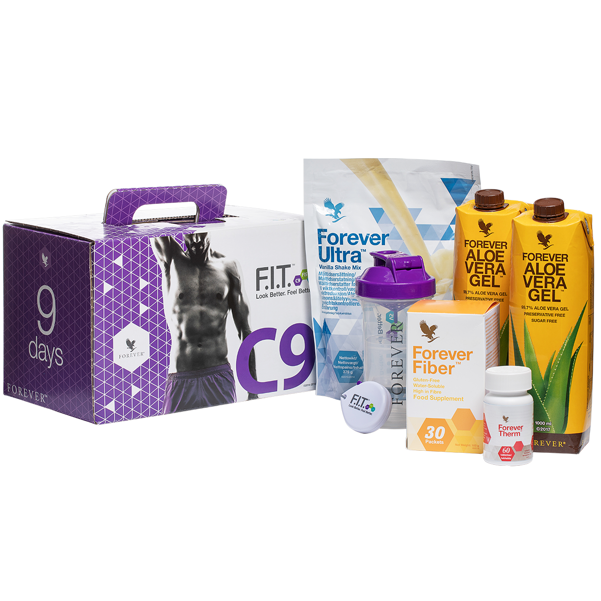 Programmet C9 ger dig Forever Ultra, Forever Therm, Forever Fiber och Forever Aloe vera gel – samt en handbok som hjälper dig förändra din livsstil.