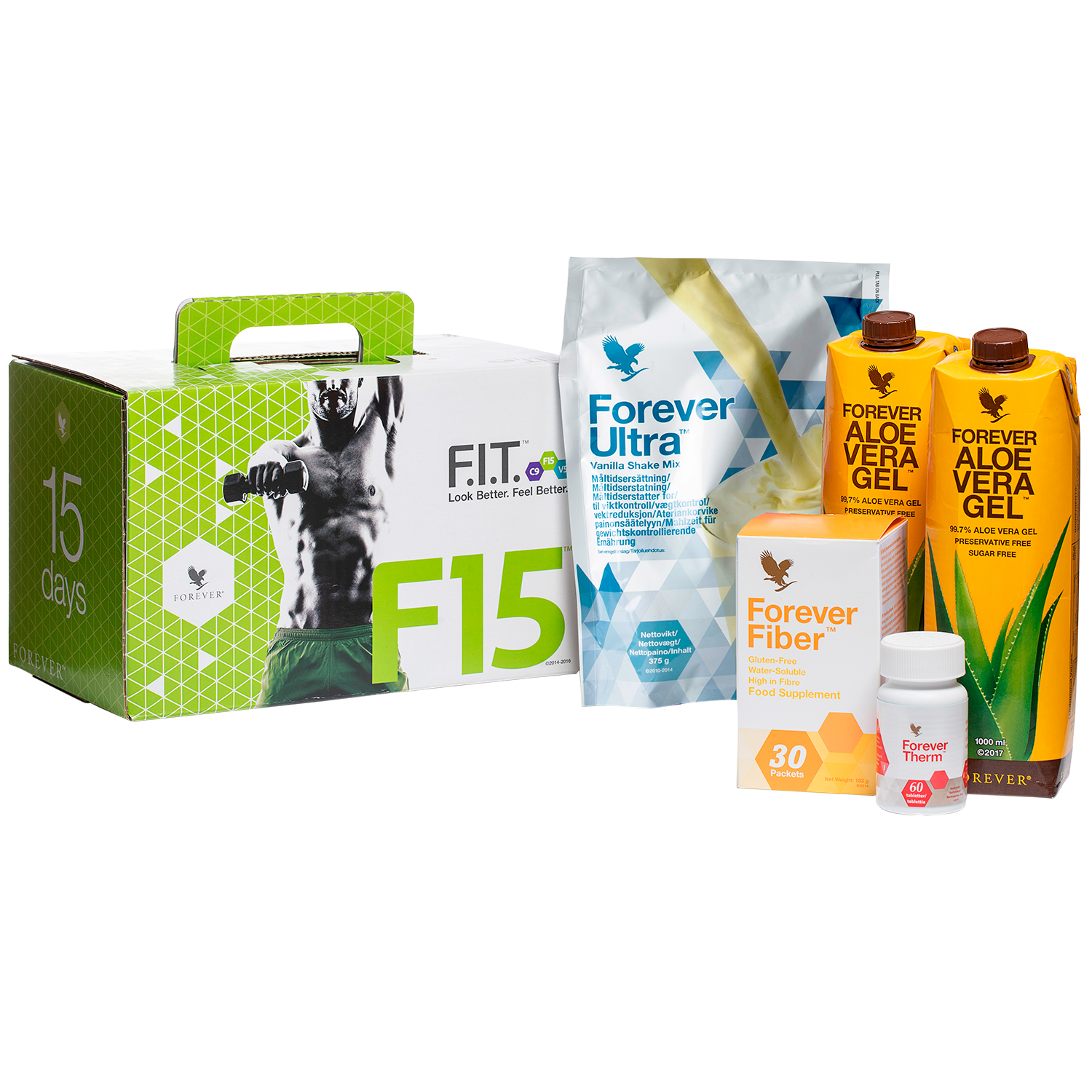 F15 är 3 kost- och träningsprogram som ger dig en handbok och verktyg för att förbättra din hälsa samt Forever Ultra, Therm, Fiber och Aloe vera gel.