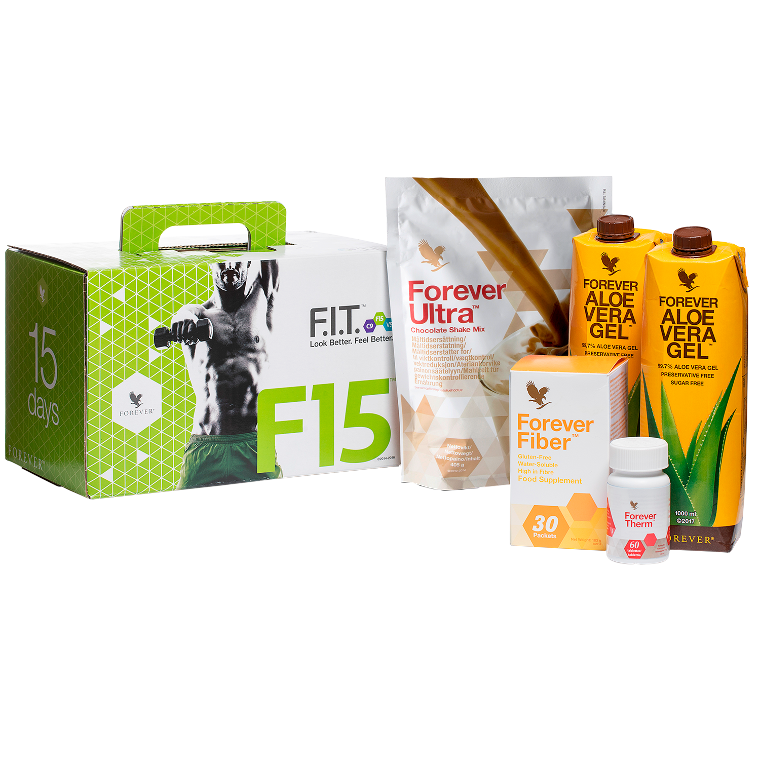 F15 är 3 kost- och träningsprogram som ger dig en handbok och verktyg för att förbättra din hälsa samt Forever Ultra, Therm, Fiber och Aloe vera gel.